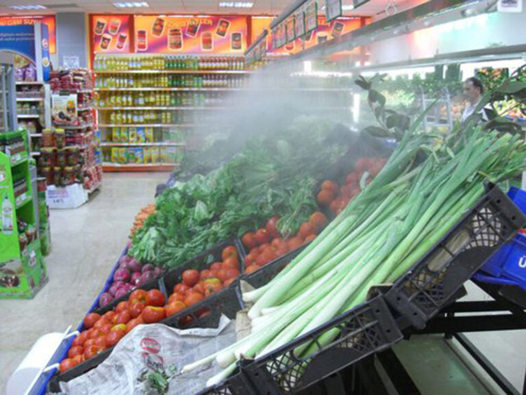 Brumisateur sur un étal de légumes en supermarché