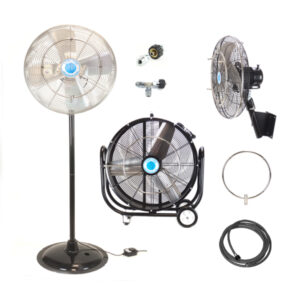 Ventilateurs brumisateurs sur pied, muraux et industriels avec accessoires